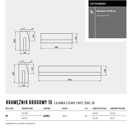 Karta techniczna krawężnik drogowy firmy Polbruk w kolorze Szarym.
