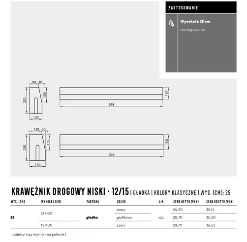 Karta techniczna krawężnik drogowy firmy Polbruk w kolorze Szarym.