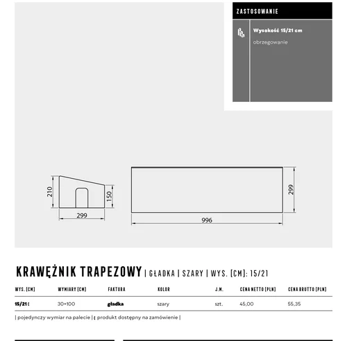 Krawężnik Drogowy Trapezowy Zewnętrzny Polbruk Szary Karta techniczna