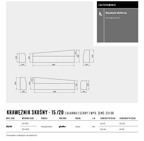 Karta Techniczna Krawężnika Skośnego firmy Polbruk w kolorze Szarym.