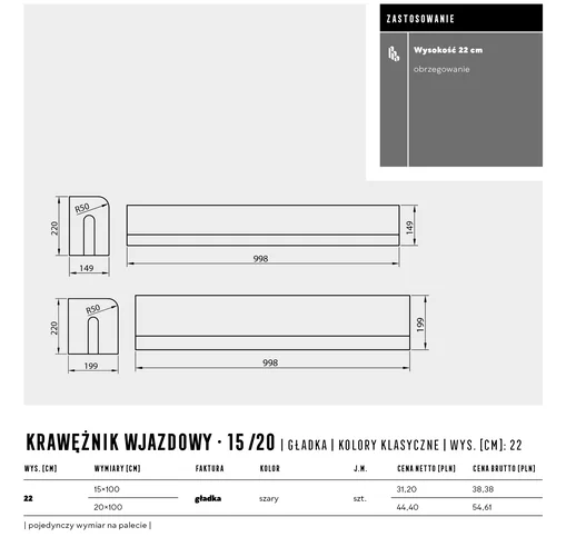 Karta Techniczna Krawężnika Wjazdowego firmy Polbruk w kolorze Szarym.